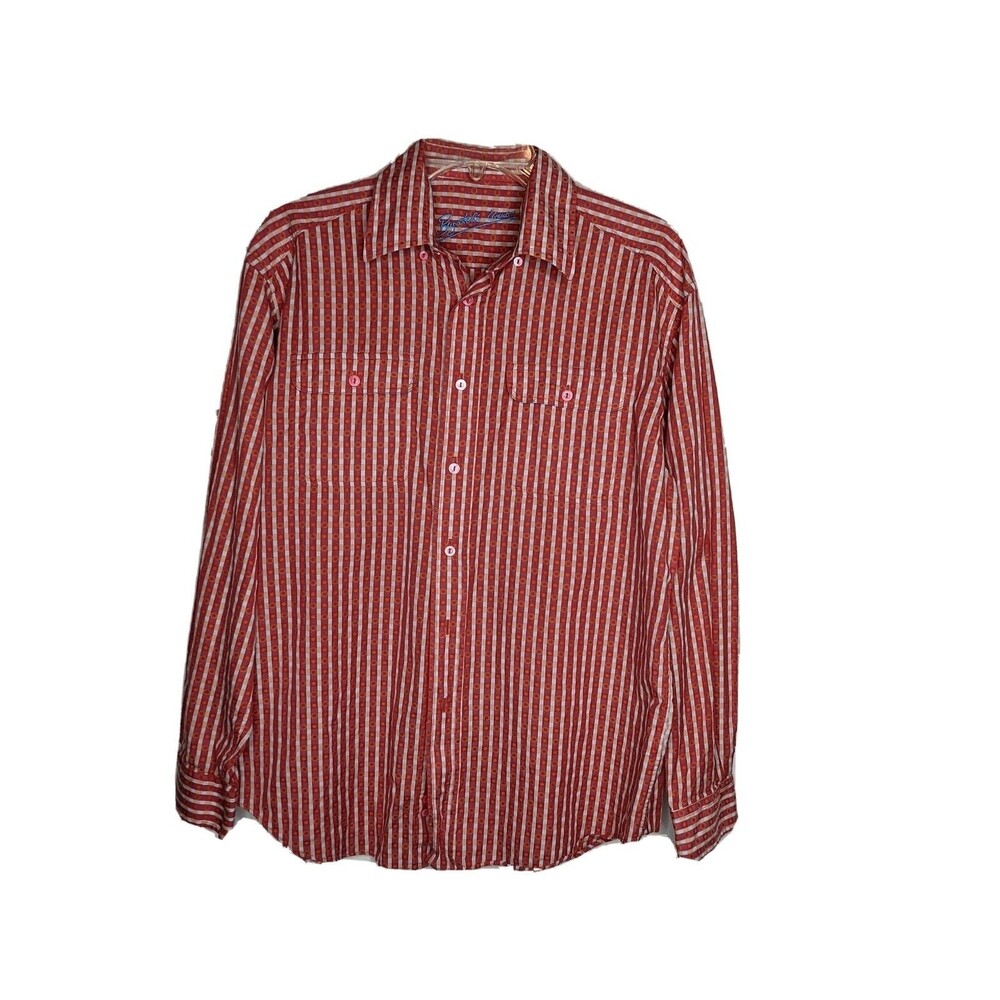Vintage Bugatchi Uomo Men's Long Sleeve Button Up Shirt M Red Striped Circles